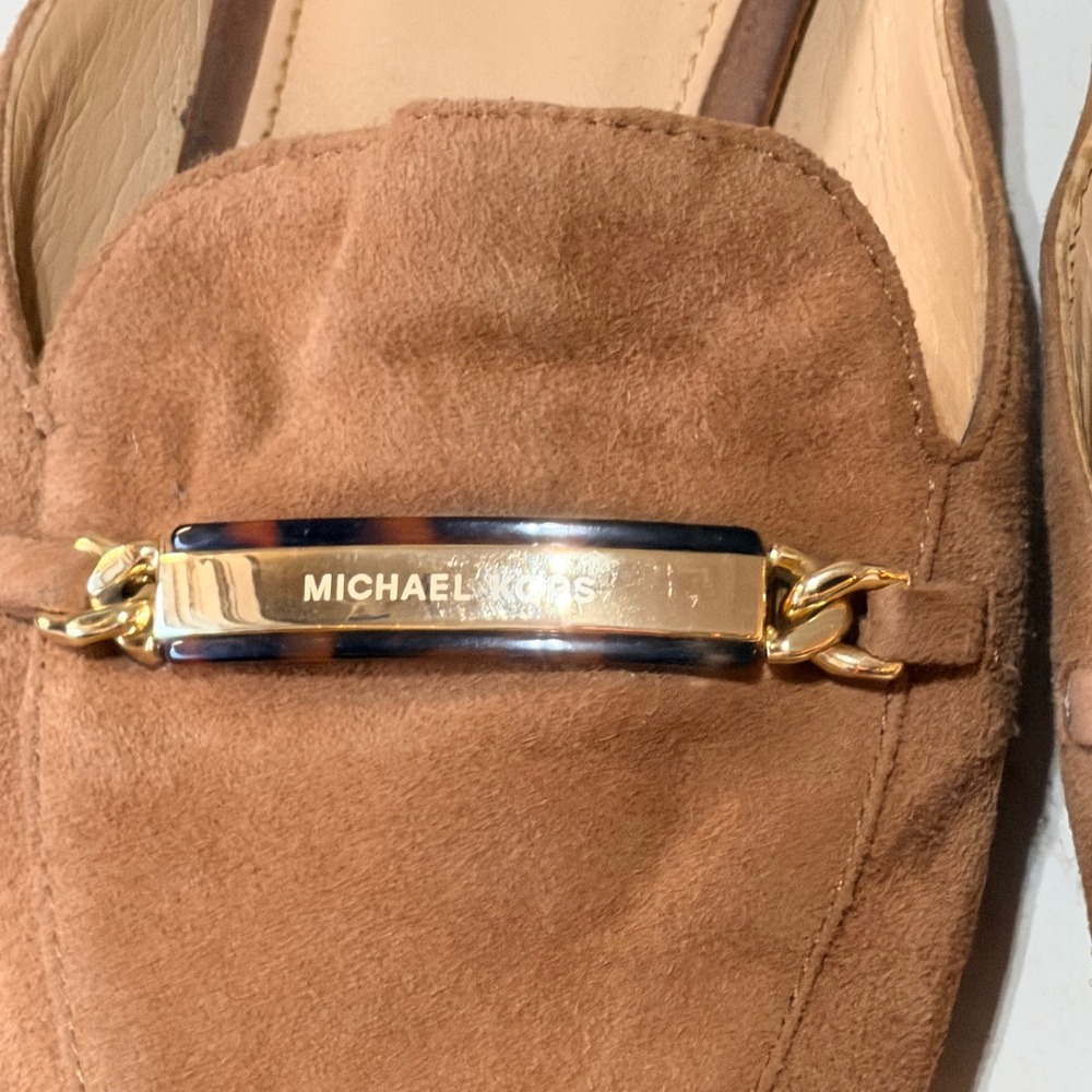 Michael Kors Mules Loafers Womens 7M Tan Suede Gold Tortoise Slide Minimalist - Picture 6 of 7
